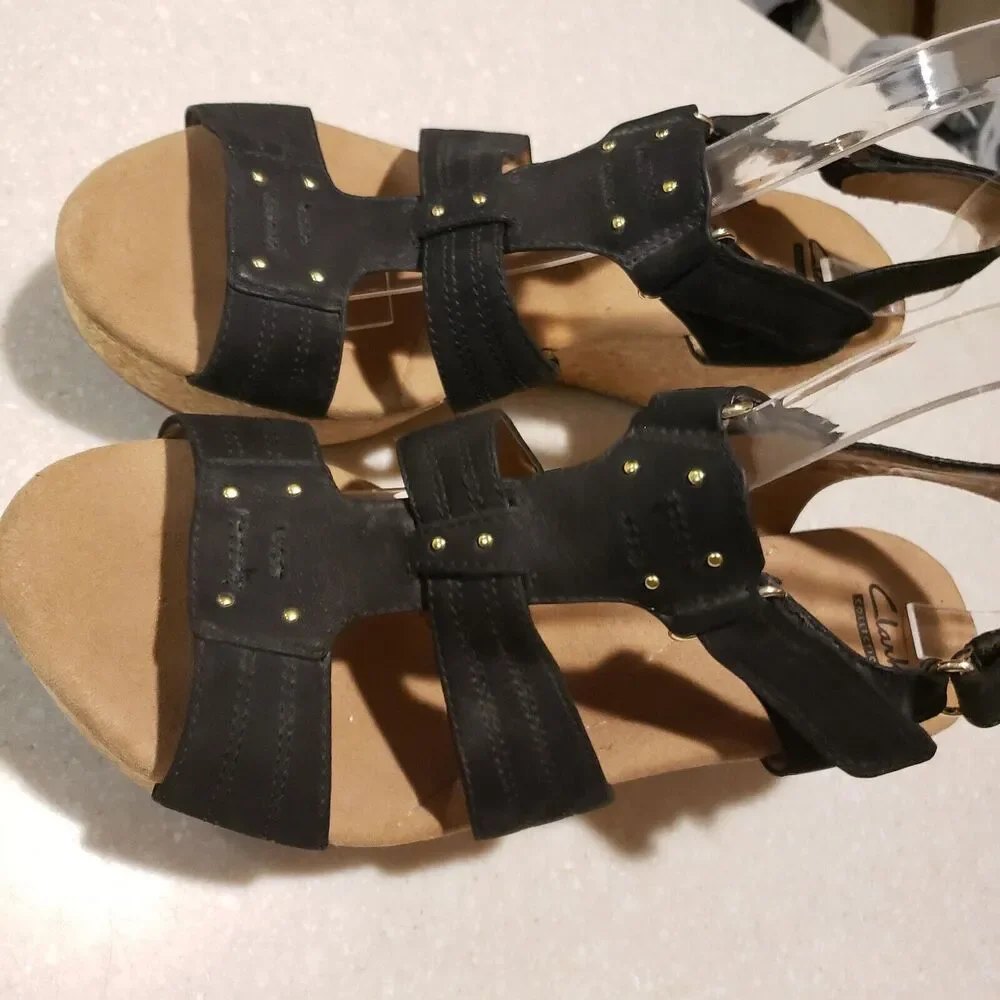 Clarks Annadel Pearl Black Nubuck Leather Wedge Sandals Womens Size 9.5